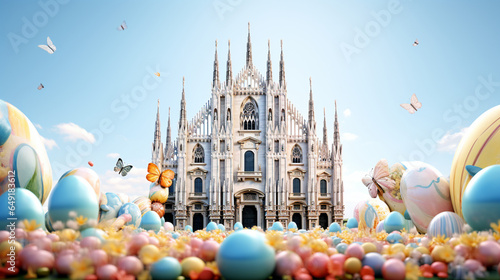 Easter holiday and sunny day in Duomo MIlan wallpaper in paper art and craft design concept and animation with egg. Created using generative AI.