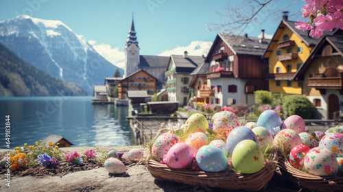 Hallstatt Village in Easter festival theme background with egg in paper art and craft design concept. Created using generative AI.