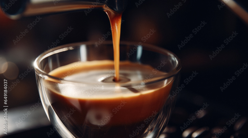 Fototapeta premium Hot coffee being poured into a glass cup at a café