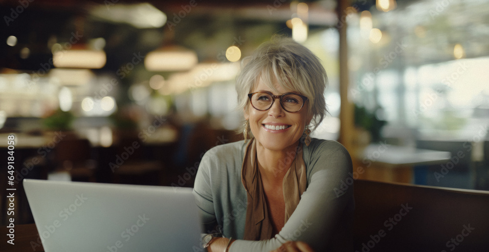 Fototapeta premium Caucasian woman enjoying remote work at a cheerful cafe with coffee and laptop