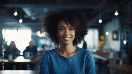 Young black businesswoman with curly hair smiling at the camera photo
