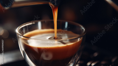 Hot coffee being poured into a glass cup at a café