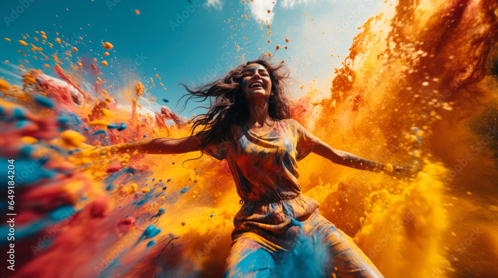 Fun with colours: A vibrant splash of colors and a young woman celebrating holi festival outdoors - obrazy, fototapety, plakaty 
