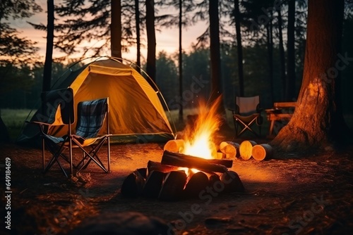 Camp fire in the forest tent Oudoor Adventure Autumn Summer