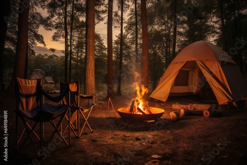 Camp fire in the forest tent Oudoor Adventure Autumn Summer