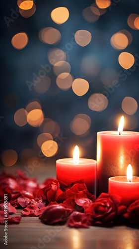Candles and pink rose petals. A romantic background