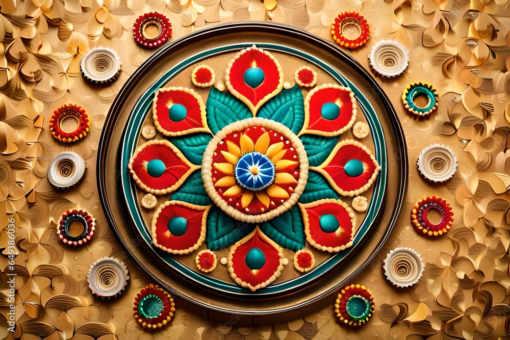 Top View highlighting a beautifully decorated home with colorful rangoli, flower garlands, and traditional Diwali decor