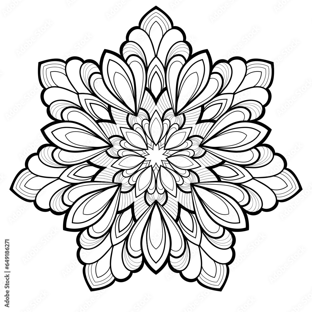 Decorative mandala with simple floral elemetns on a white isolated background. For coloring book pages.