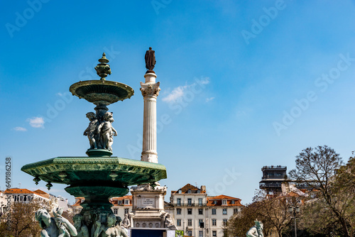 Portugal, Lisbon District, Lisbon,Fonte Sul do Rossio and Column of Pedro IV photo