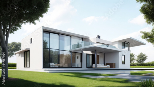 3D rendering of modern cozy house with pool and parking for sale or rent. © MrBaks