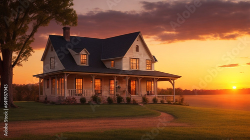 Beautiful house in the field at sunset. 3D rendering. photo
