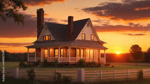 3d rendering of a classic american house with a beautiful sunset. photo