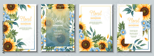 Set of greeting card template with sunflowers, blue daisies. Flyer, banner with autumn wildflowers. Design for wedding invitation and party.