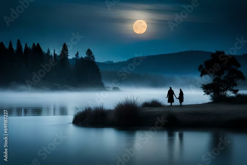 A chilling Halloween moonlit lake, with mist rising from the still waters, silhouettes of ghostly figures lingering on the shore