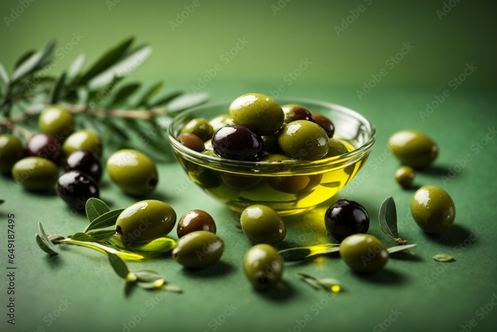 Olive oil and green olives on a green background. Olive oil and green olives on a green background.