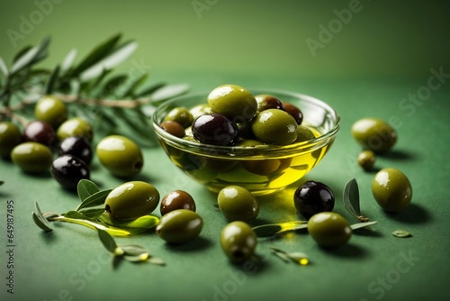 Olive oil and green olives on a green background.
