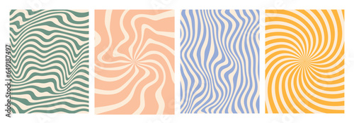 Vector set of groovy hippie 70s backgrounds. swirl, twirl pattern, waves. Y2k aesthetic. Social Media Stories Template, distorted and Twisted vector texture in trendy retro psychedelic style. 