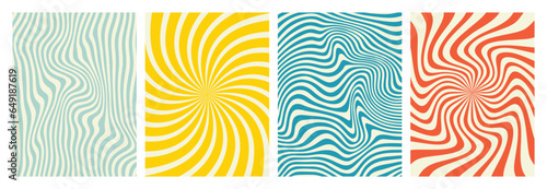 Vector set of groovy hippie 70s backgrounds. swirl, twirl pattern, waves. Y2k aesthetic. Social Media Stories Template, distorted and Twisted vector texture in trendy retro psychedelic style. 