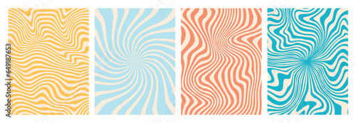 Vector set of groovy hippie 70s backgrounds. swirl, twirl pattern, waves. Y2k aesthetic. Social Media Stories Template, distorted and Twisted vector texture in trendy retro psychedelic style. 