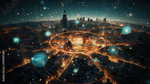 big city at night with network lines connected to satellites  cityscapes  circular shapes  industrial photography