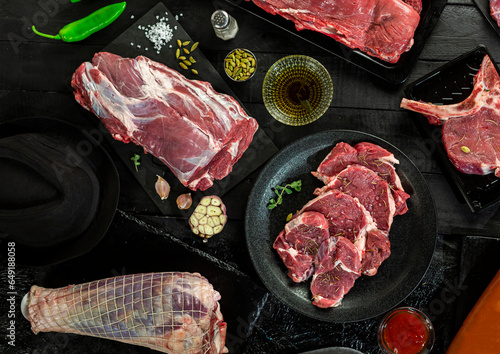 Collection of fresh tender beef on black background, shank meat, flank meat, rib meat ,chuck meat, round meat 99
