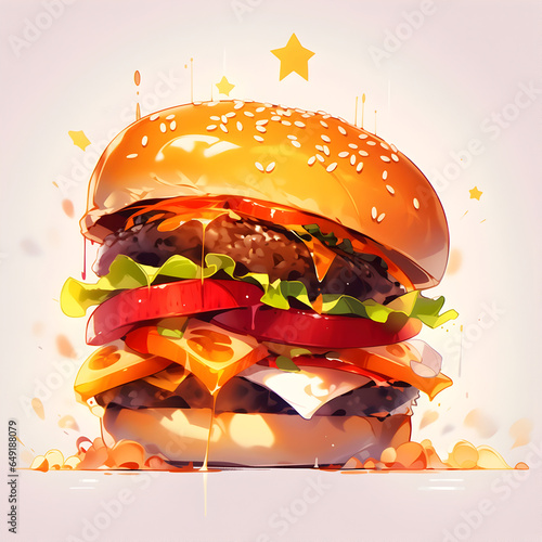 Juicy Delicious illustrate Hamburger on White Background (ID: 649188079)