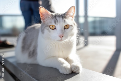 Tired domestic cat waiting for transportation in the airoport hall 