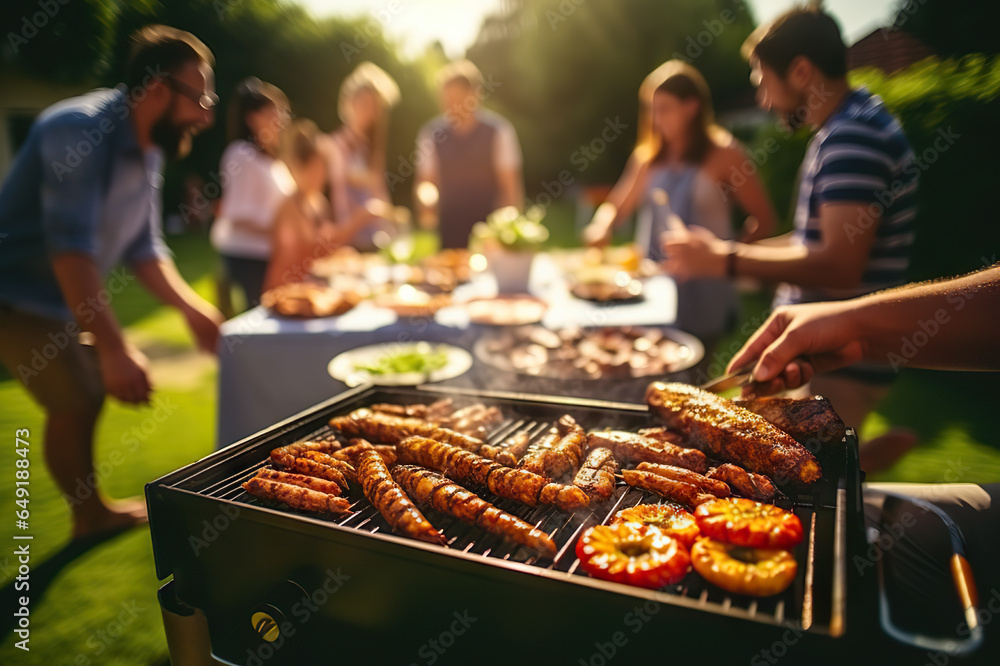 Naklejka premium Family and Friends Delight in a Picnic BBQ Grill, Soaking up the Sun and Cherishing Shared Moments. created with Generative AI