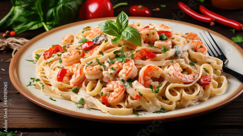 Fresh-Fettuccini pasta with prawn and mushroom tomatoes food photography white plate dark background