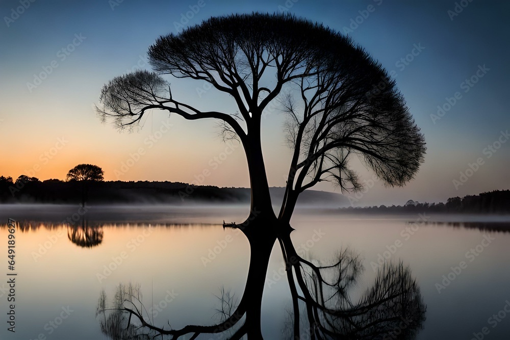 A chilling Halloween moonlit lake, with still waters reflecting the silhouettes of twisted trees, a solitary boat drifting in the distance A chilling Halloween moonlit lake, with still waters reflecting the silhouettes of twisted trees, a solitary boat drifting in the distance