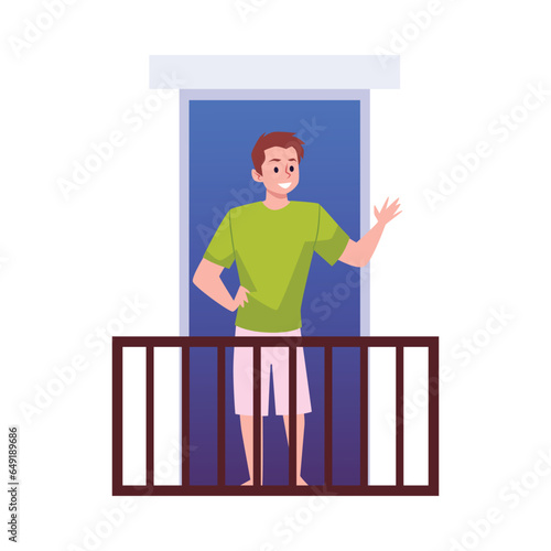 Friendly man greeting neighbors from balcony, flat vector illustration isolated.