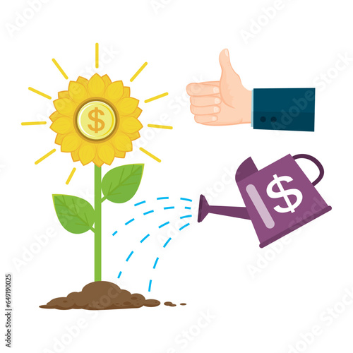 Hand showing thumbs up welldone to a watering can watering the money tree, the concept of financial 

growth,deposit,illustration vector cartoon EPS 10. photo