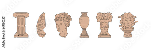 Marble antique sculpture, head, medusa, vase, column, wing. Mystic, ancient statues in trendy modern style. Hand drawn vector isolated illustration. 