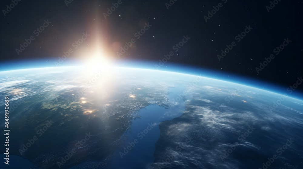 The planet Earth is accompanied by lens flare appearing from space - Generative AI The planet Earth is accompanied by lens flare appearing from space - Generative AI