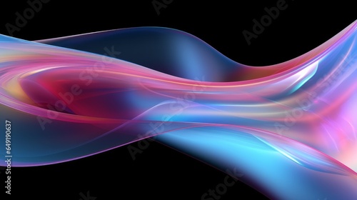An abstract 3D render featuring a glass ribbon gracefully resting on water, with a holographic shape in continuous motion.