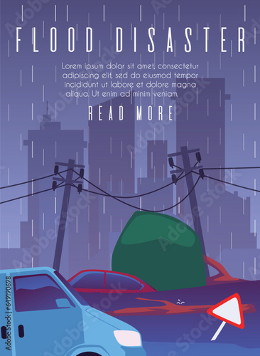Flood disaster banner with the consequences of flood or typhoon, flat vector.