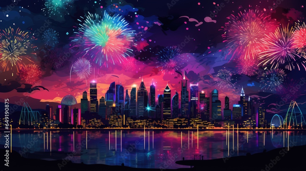 Fireworks over the river front in the city background. - obrazy, fototapety, plakaty 