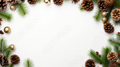 A frame made of evergreen branches, with pine cone ornaments against a white background. Conveying the concepts of Christmas, winter - Generative AI