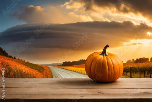 Thanksgiving With foucus on Pumpkins Apples And Corncobs On Wooden Table With blurry sky Sky and trees in  Background photo