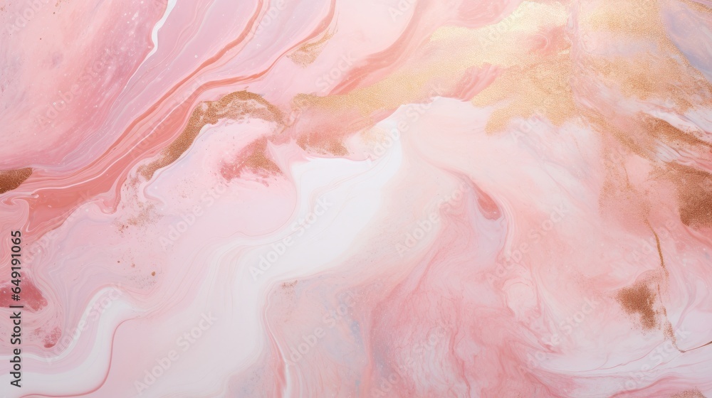 A dynamic liquid abstract marbling artwork featuring an infusion of rose gold glitter splatter textures. A dynamic liquid abstract marbling artwork featuring an infusion of rose gold glitter splatter textures.