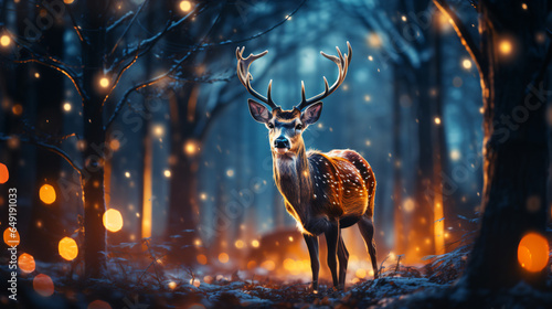 a reindeer, colorful, christmas string lights hung between antlers, forest winter, night - Generative AI © seogi