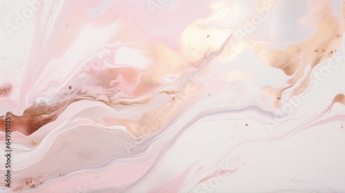 A dynamic liquid abstract marbling artwork featuring an infusion of rose gold glitter splatter textures.