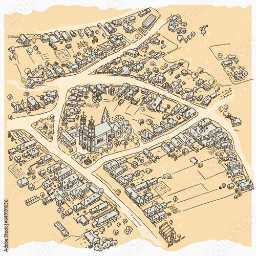 Line art hand draw of medieval village for fantasy map builders 2