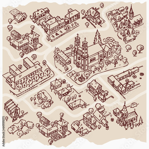 Line art hand draw of medieval village for fantasy map builders 1