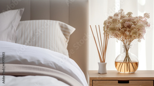 Reed diffuser on nightstand near bed in room. photo