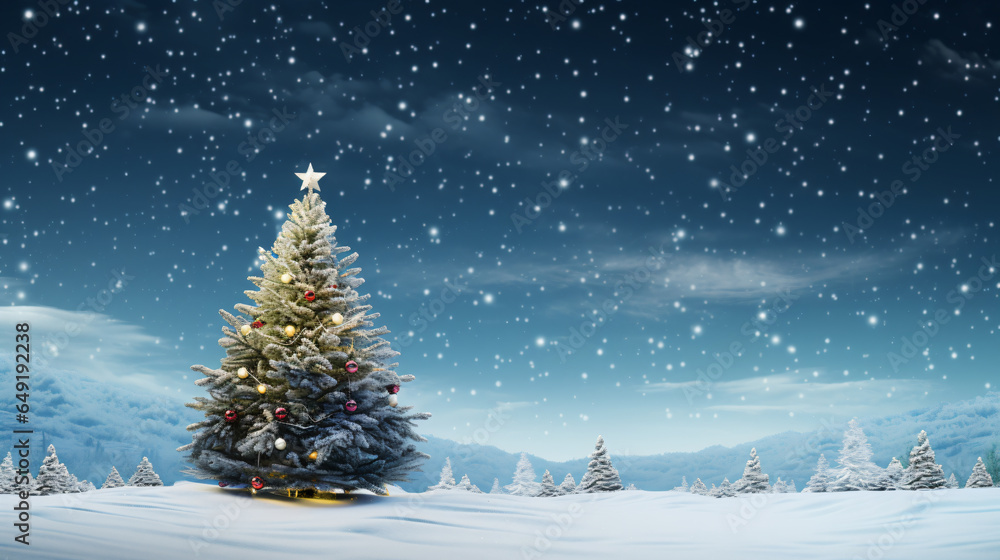 Decorated Christmas tree landscape background - Generative AI