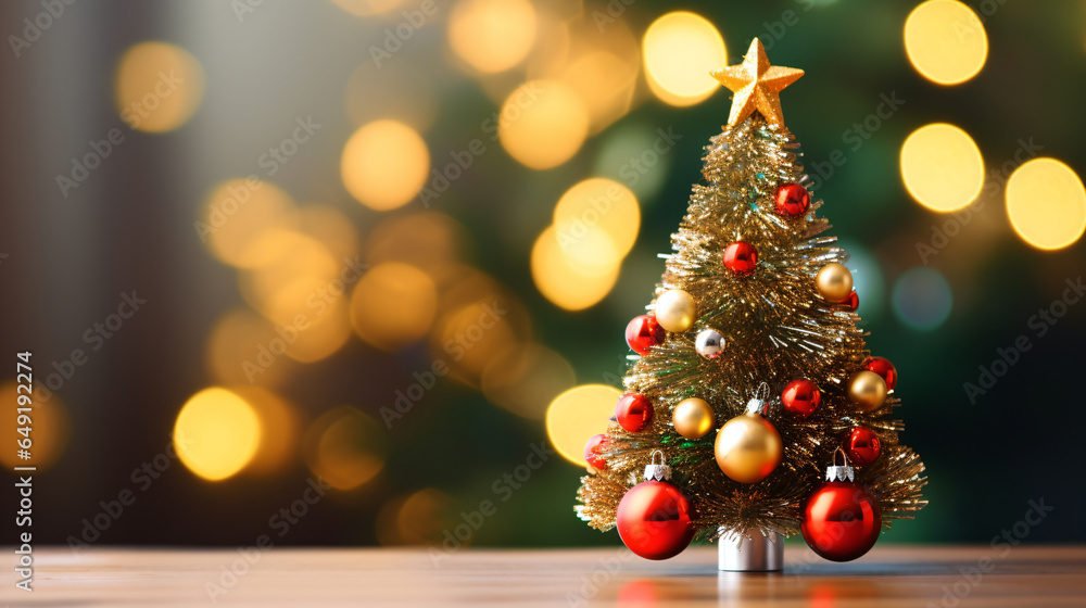 Decorated Christmas tree on blurred bokeh background - Generative AI