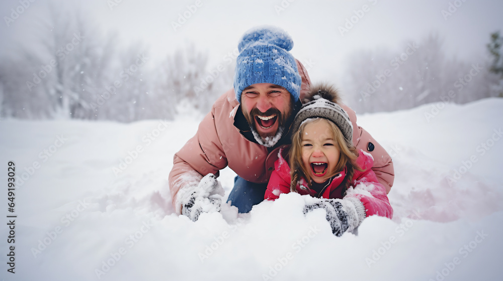 Father and Daughter Laughing Lying Down in the Snow After Sledding - Generative AI