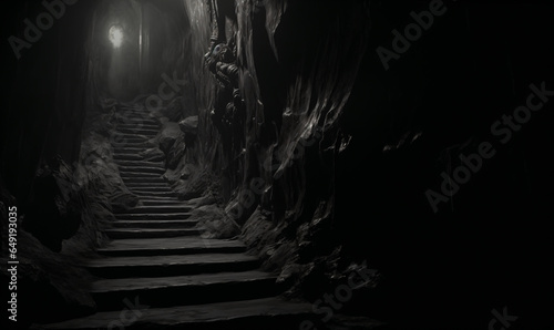 dark tunnel with carved stairs. solid rock. scary, claustrophobic. Narrow, crushed shadows - Generative AI