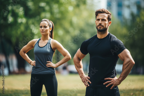Healthy, fit and motivated couple stretching, warming up or training together in green park with bokeh background. athletic man and woman preparing for endurance workout - Generative AI